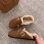 New Women Slippers Fur Flats Short Plush Mules Shoes Women Fashion Buckle Soft Sole Cotton Shoes Suede Home Warm Slippers Mules
