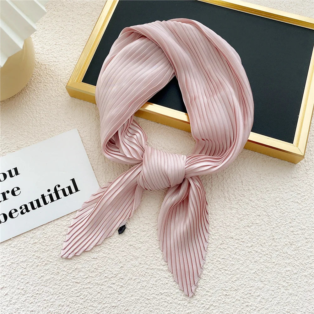 Peony Flower Pleated Silk Scarf Square Neck Scarves Crinkle Hair Bands Scarf Bandana Satin Hijab Head Wraps Neckerchief 70cm