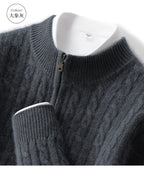Men's 100% Pure Cashmere Pullover Thickened Warm Zipper Sweater High Collar Loose Top Business Leisure Solid Knitted