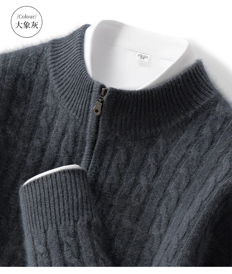 Men's 100% Pure Cashmere Pullover Thickened Warm Zipper Sweater High Collar Loose Top Business Leisure Solid Knitted