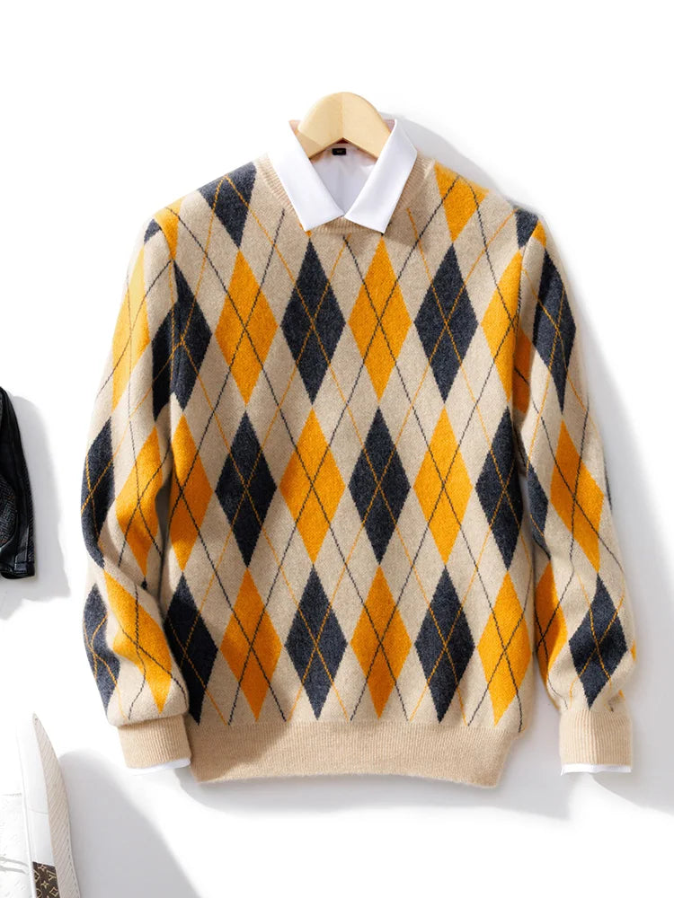 New 100% Pure Wool Cashmere Men's O-neck Pullover Autumn And Winter Color Matching Top Casual Thick Fashion Large Size Jacket