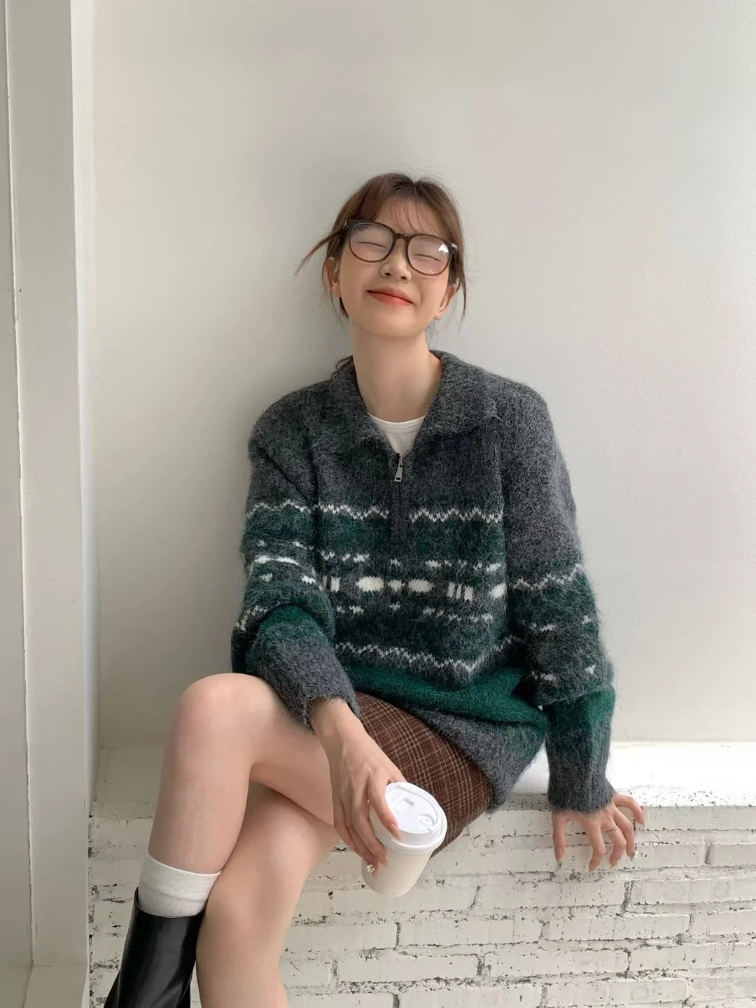 Retro Fair Isle f Zip Knitted Sweater Luxury Woolen Outerwear Soft Long Sve  Ne Warm Thiened Winter Faion