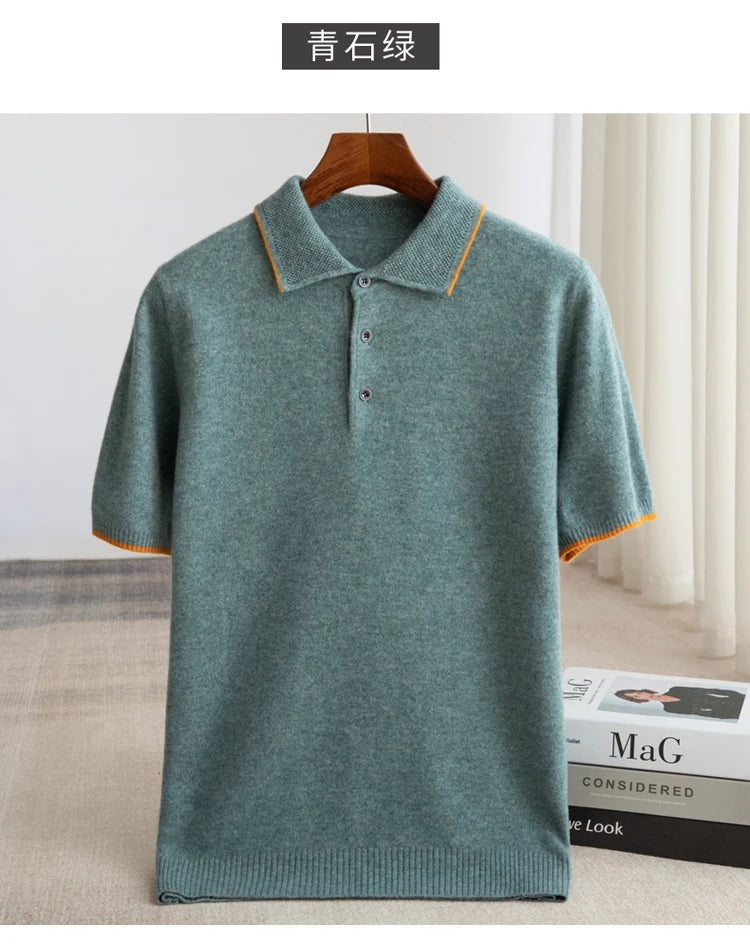 100% Merino wool men's lapel short sleeved sweater T-shirt new knitted casual business men's pullover sweater wool T-shirt summe