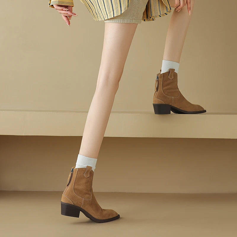 AIYUQI Women's Ankle Boots 2025 New Pointed Toe Zippered Western Cowboy Boots For Women Block Heel Work Boots Female