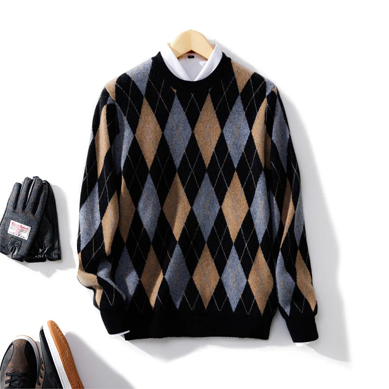 New 100% Pure Wool Cashmere Men's O-neck Pullover Autumn And Winter Color Matching Top Casual Thick Fashion Large Size Jacket