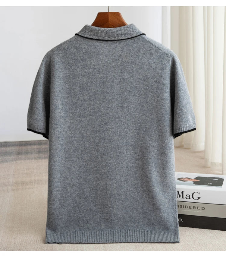 100% Merino wool men's lapel short sleeved sweater T-shirt new knitted casual business men's pullover sweater wool T-shirt summe