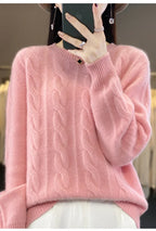 Women's 100% Pure Cashmere Sweater round Neck Twist Thick Loose Long Sleeve Bottoming Shirt for Autumn And Winter