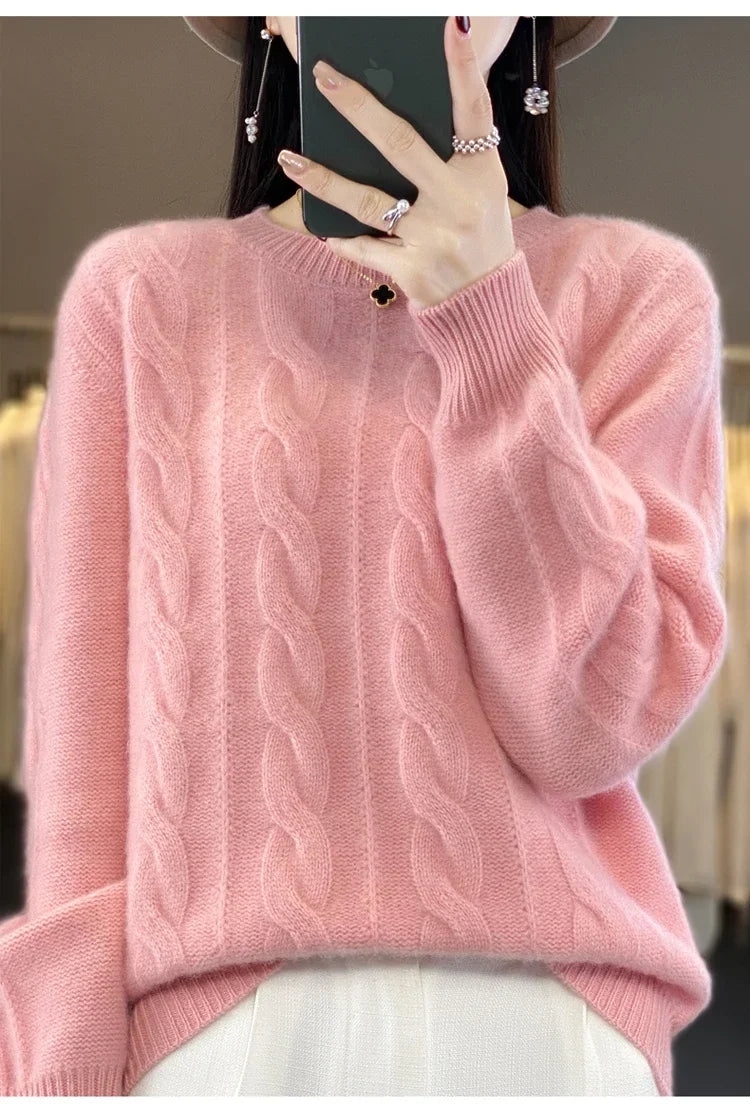 Women's 100% Pure Cashmere Sweater round Neck Twist Thick Loose Long Sleeve Bottoming Shirt for Autumn And Winter