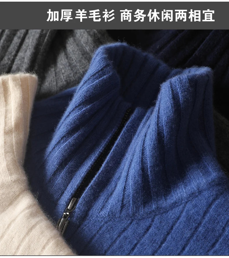 Men 100% Merino Wool Stand-Up Collar Cardigan Casual Knit Business Zipper Coat Autumn Winter Versatile Warm Men Cashmere Jacket