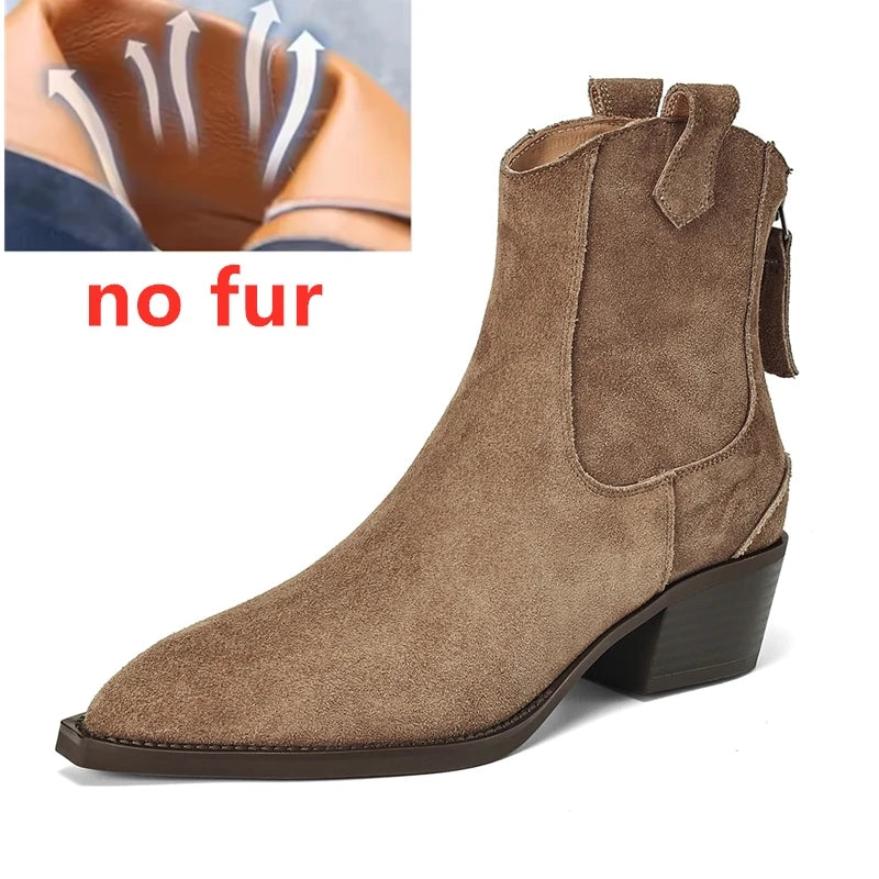 AIYUQI Women's Ankle Boots 2025 New Pointed Toe Zippered Western Cowboy Boots For Women Block Heel Work Boots Female