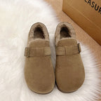Classic Belt Buckle Loafer Woman Spring/Winter Cotton Fur Lined Flats Barefoot Shoes Ladies Cozy Slip on Driving Mocasines Femme