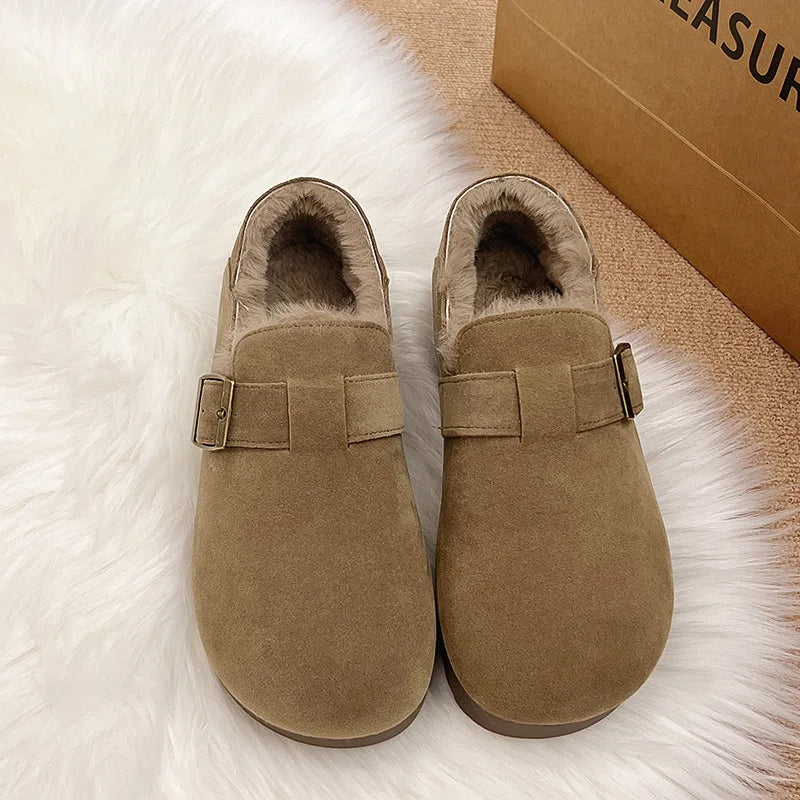 Classic Belt Buckle Loafer Woman Spring/Winter Cotton Fur Lined Flats Barefoot Shoes Ladies Cozy Slip on Driving Mocasines Femme