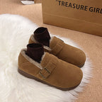Classic Belt Buckle Loafer Woman Spring/Winter Cotton Fur Lined Flats Barefoot Shoes Ladies Cozy Slip on Driving Mocasines Femme