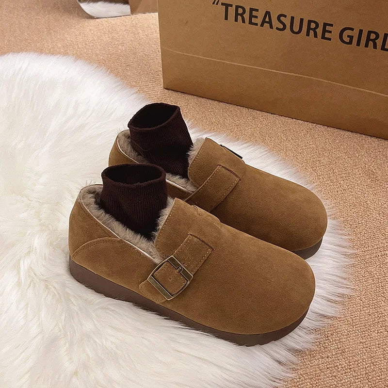 Classic Belt Buckle Loafer Woman Spring/Winter Cotton Fur Lined Flats Barefoot Shoes Ladies Cozy Slip on Driving Mocasines Femme