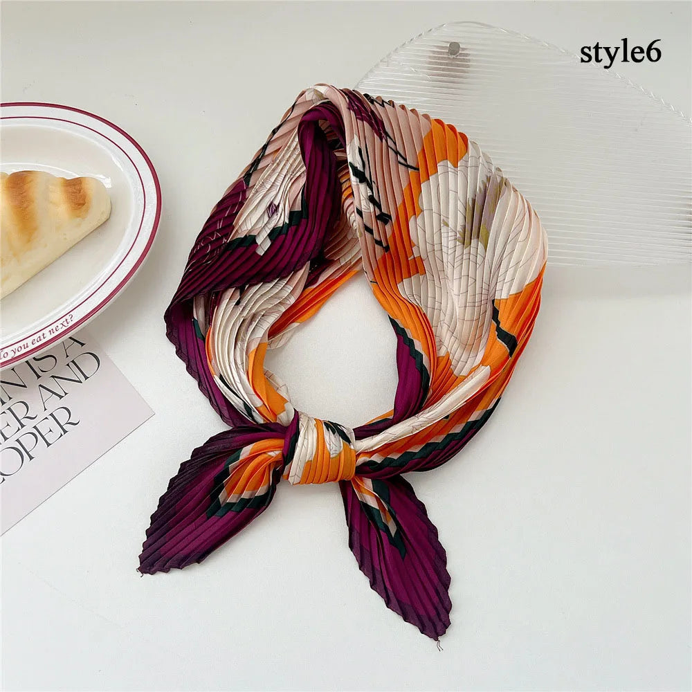 Peony Flower Pleated Silk Scarf Square Neck Scarves Crinkle Hair Bands Scarf Bandana Satin Hijab Head Wraps Neckerchief 70cm