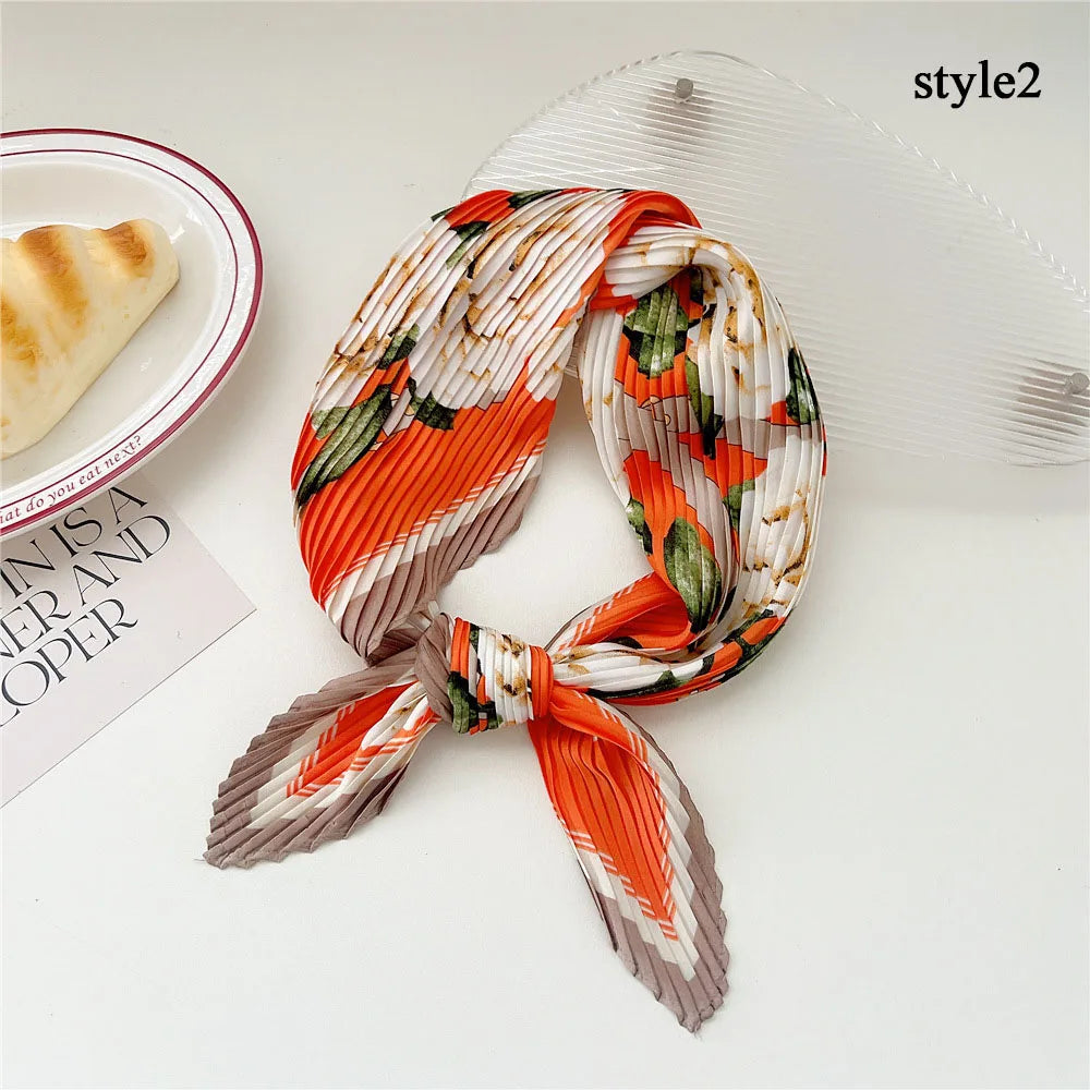 Silk Scarf Women Luxury Ladies Small Head Scarf Wholesale Scarves Headwraps Pleated Chiffon Hijabs Satin Hijabe Femme Bandanas