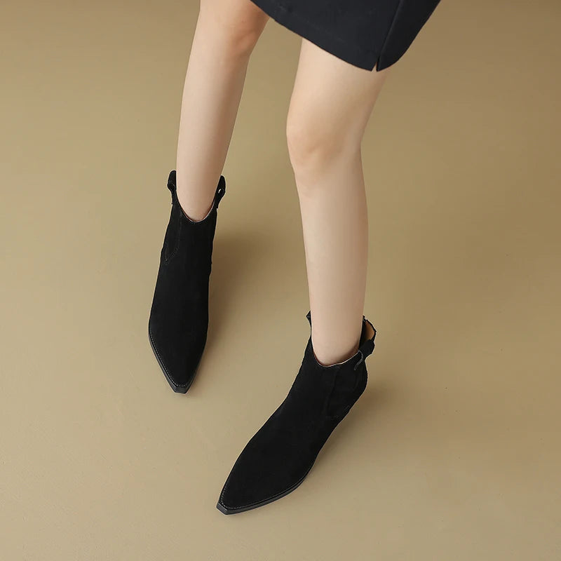 AIYUQI Women's Ankle Boots 2025 New Pointed Toe Zippered Western Cowboy Boots For Women Block Heel Work Boots Female