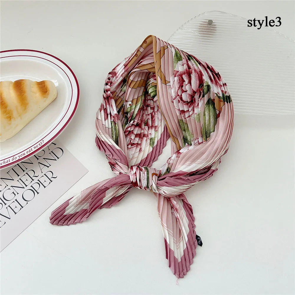 Silk Scarf Women Luxury Ladies Small Head Scarf Wholesale Scarves Headwraps Pleated Chiffon Hijabs Satin Hijabe Femme Bandanas