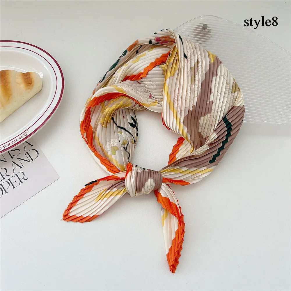 Peony Flower Pleated Silk Scarf Square Neck Scarves Crinkle Hair Bands Scarf Bandana Satin Hijab Head Wraps Neckerchief 70cm
