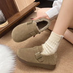 Classic Belt Buckle Loafer Woman Spring/Winter Cotton Fur Lined Flats Barefoot Shoes Ladies Cozy Slip on Driving Mocasines Femme