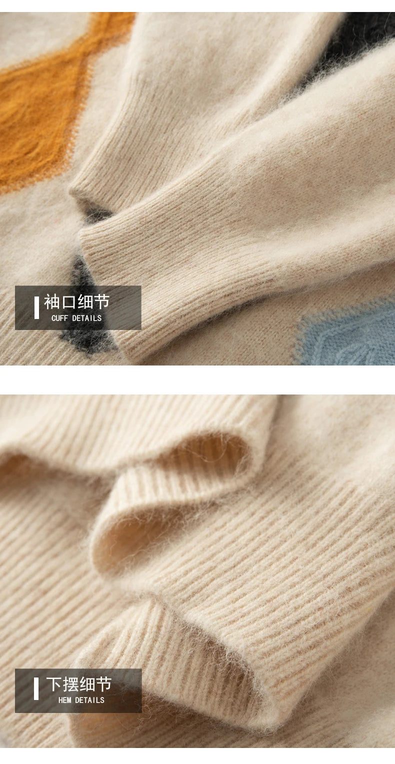 Autumn And Winter Mink Cashmere Sweater Men's Round Neck Thick Sweater Color Matching Business Jacquard Knit Bottoming Shirt
