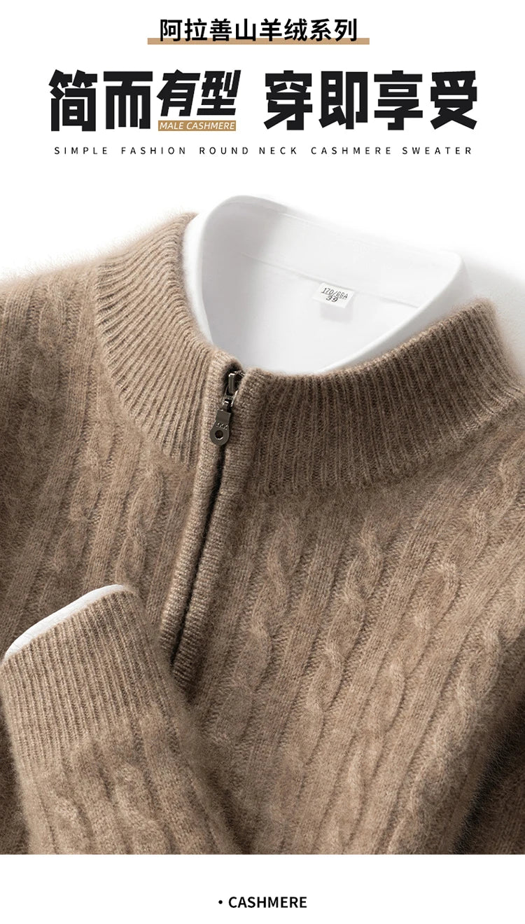 Men's 100% Pure Cashmere Pullover Thickened Warm Zipper Sweater High Collar Loose Top Business Leisure Solid Knitted