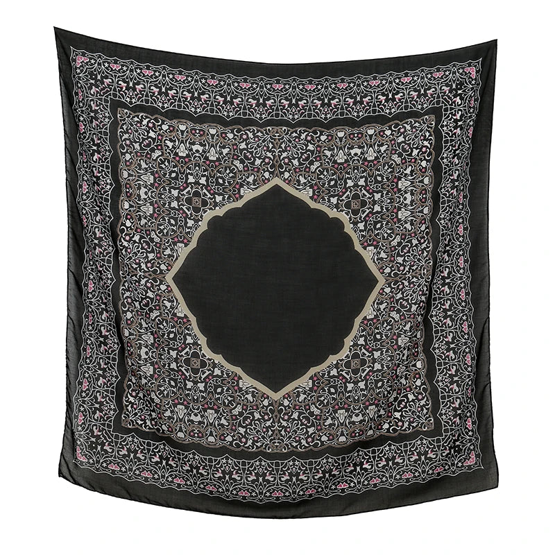 110*110cm Satin Square Scarf Women Big Size Shawl Ink Wash Style Luxury Design Scarf Floral Printed Handkerchief Damask Hijab