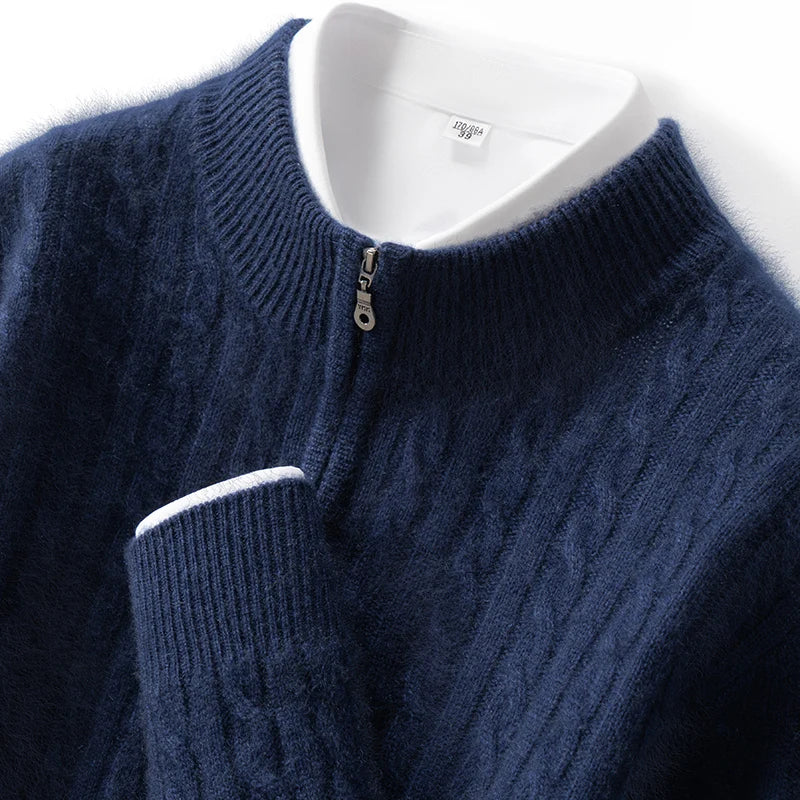 Men's 100% Pure Cashmere Pullover Thickened Warm Zipper Sweater High Collar Loose Top Business Leisure Solid Knitted
