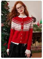 LOUIS YAO Jacquard Color Contrasting Cardigan 2025 Autumn/Winter Knitwear Christmas Day Casual Round Neck Women's Knitted Shirt