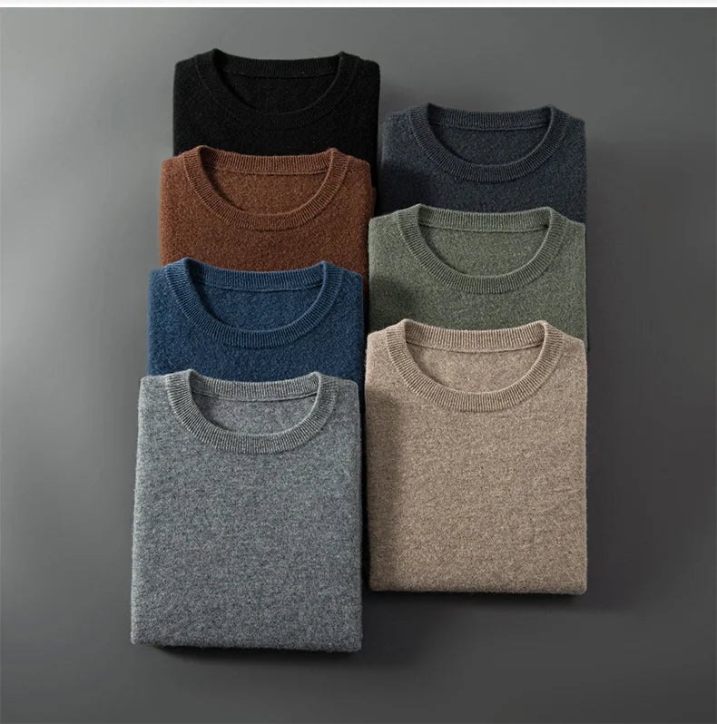 100% Pure Goat Cashmere Men's Crewneck Pullover Sweater Basic Half Sleeve Sweater Solid Color Business Casual Men's Top