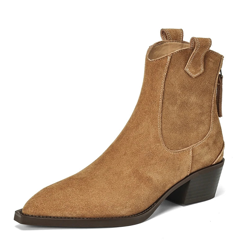 AIYUQI Women's Ankle Boots 2025 New Pointed Toe Zippered Western Cowboy Boots For Women Block Heel Work Boots Female