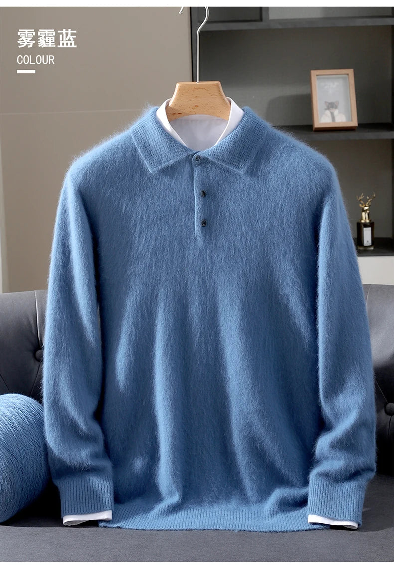 2025 Autumn And Winter New Men's Mink Wool Sweater POLO Collar Pullover Business Thick Warm Loose Oversized Knitted Sweater Tops