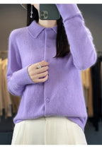 100% Mink Cashmere POLO Collar Women's Sweater Cardigan Solid Color Thick warm Cardigan Sweater For Women 2023 Autumn/Winter New