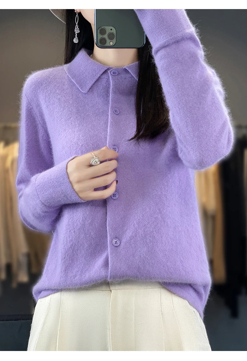 100% Mink Cashmere POLO Collar Women's Sweater Cardigan Solid Color Thick warm Cardigan Sweater For Women 2023 Autumn/Winter New