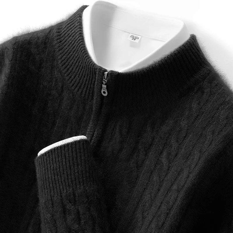 Men's 100% Pure Cashmere Pullover Thickened Warm Zipper Sweater High Collar Loose Top Business Leisure Solid Knitted