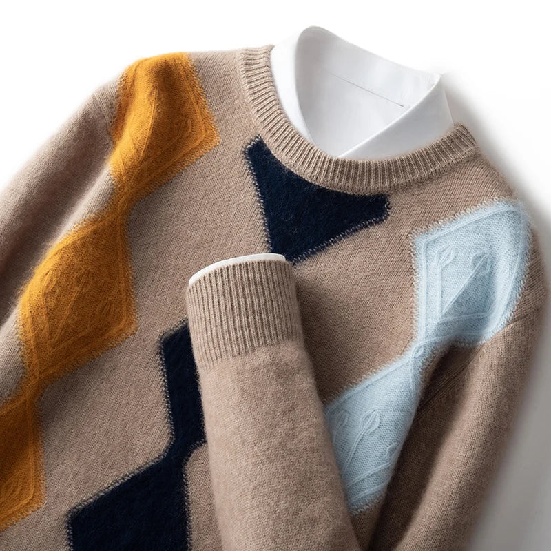 Autumn And Winter Mink Cashmere Sweater Men's Round Neck Thick Sweater Color Matching Business Jacquard Knit Bottoming Shirt