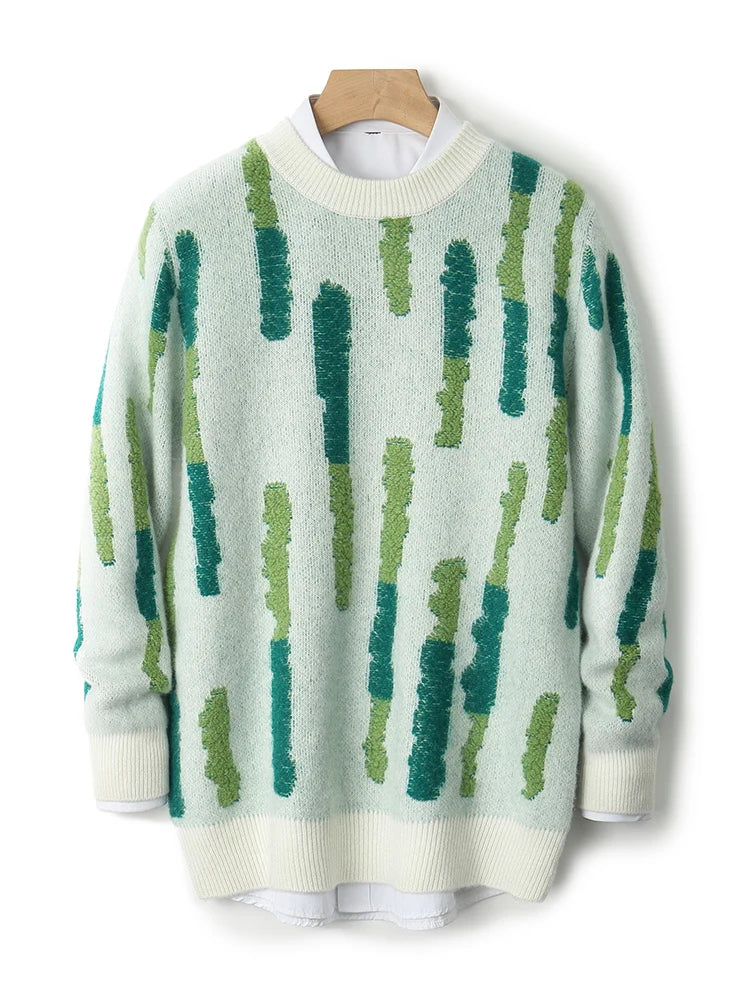 New 100% Pure Wool Men's O-neck Pullover 2025 Autumn/Winter Color Matching Top Casual Thick Fashion Large Size Jumper Sweater