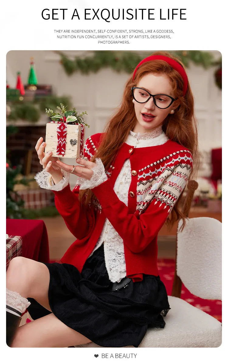 LOUIS YAO Jacquard Color Contrasting Cardigan 2025 Autumn/Winter Knitwear Christmas Day Casual Round Neck Women's Knitted Shirt