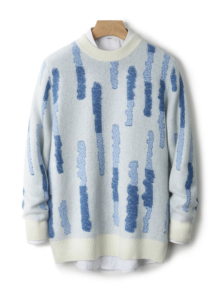 New 100% Pure Wool Men's O-neck Pullover 2025 Autumn/Winter Color Matching Top Casual Thick Fashion Large Size Jumper Sweater