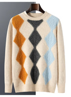 Autumn And Winter Mink Cashmere Sweater Men's Round Neck Thick Sweater Color Matching Business Jacquard Knit Bottoming Shirt