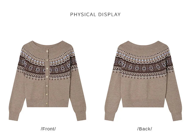 LOUIS YAO Jacquard Color Contrasting Cardigan 2025 Autumn/Winter Knitwear Christmas Day Casual Round Neck Women's Knitted Shirt