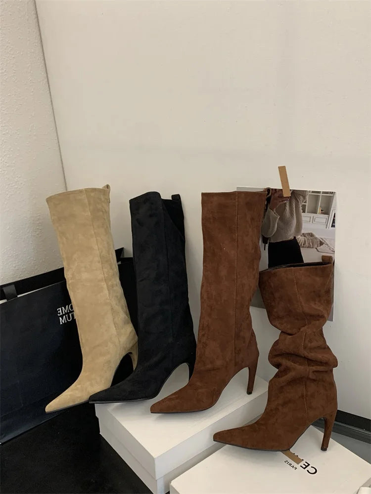 Aneikeh Fashion Winter Pointed Toe Knee-High Women Boots Thin Heels Shoes Female Punk Long Booties Zapatos De Muje