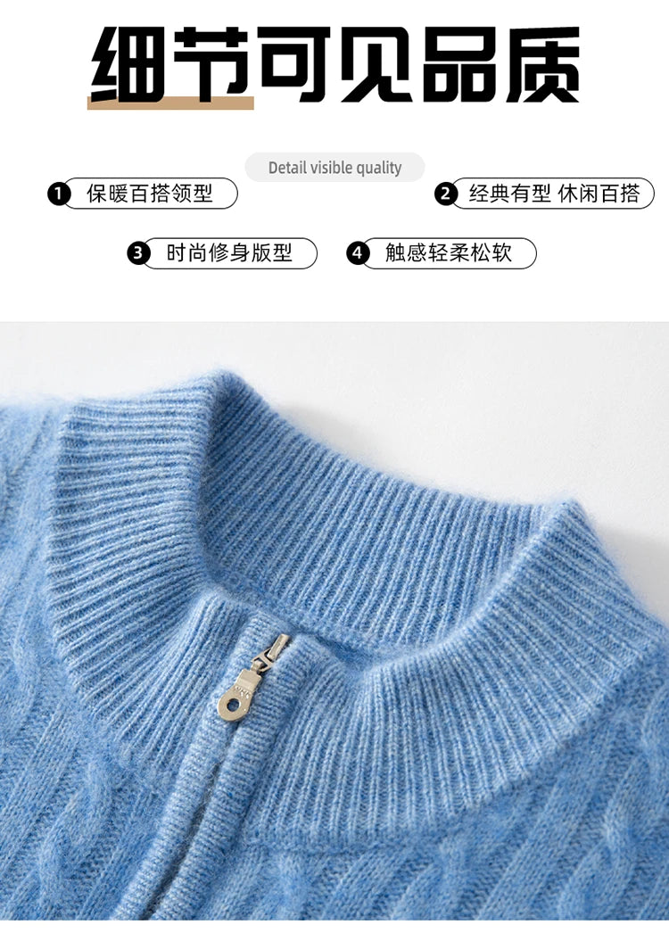 Men's 100% Pure Cashmere Pullover Thickened Warm Zipper Sweater High Collar Loose Top Business Leisure Solid Knitted
