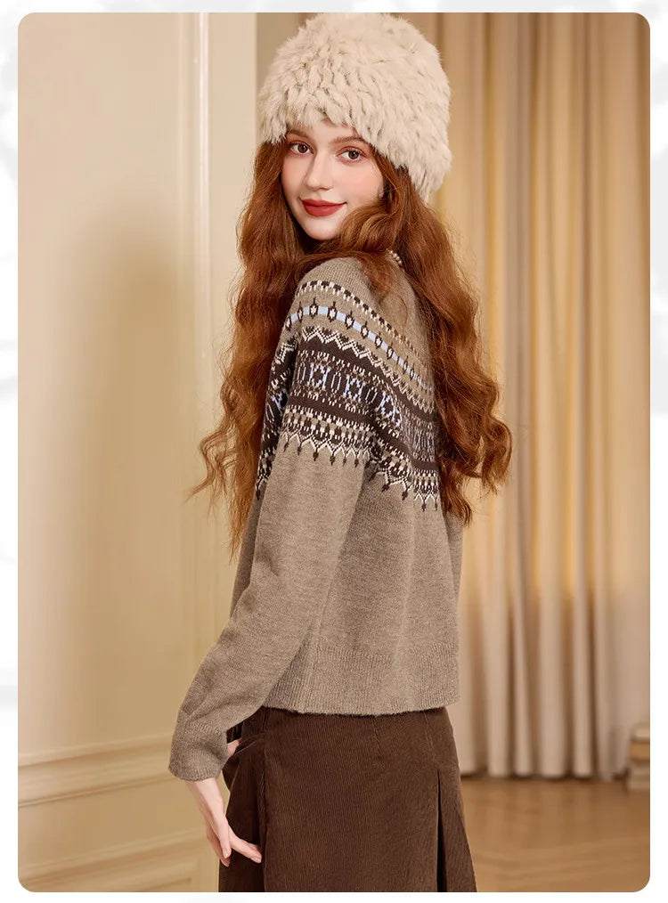 LOUIS YAO Jacquard Color Contrasting Cardigan 2025 Autumn/Winter Knitwear Christmas Day Casual Round Neck Women's Knitted Shirt