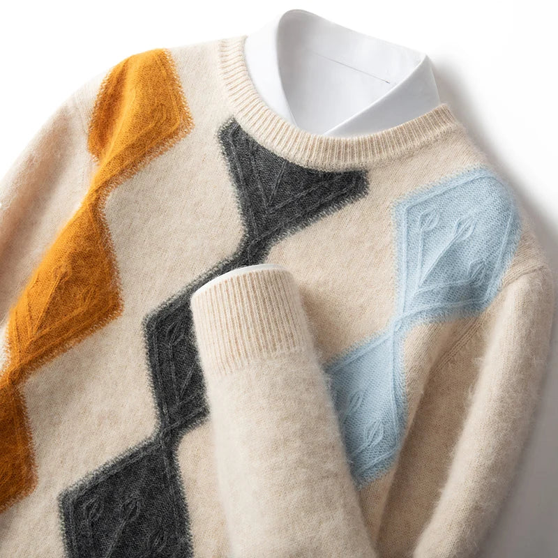 Autumn And Winter Mink Cashmere Sweater Men's Round Neck Thick Sweater Color Matching Business Jacquard Knit Bottoming Shirt