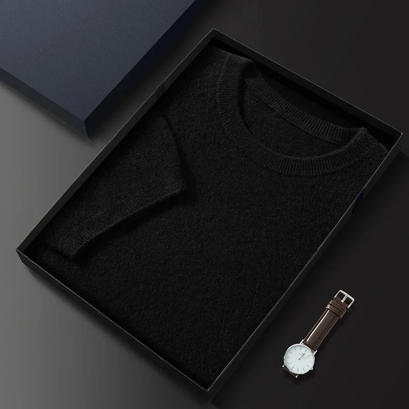 100% Pure Goat Cashmere Men's Crewneck Pullover Sweater Basic Half Sleeve Sweater Solid Color Business Casual Men's Top