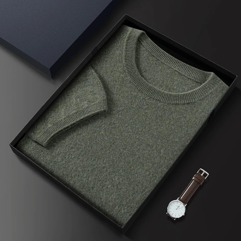 100% Pure Goat Cashmere Men's Crewneck Pullover Sweater Basic Half Sleeve Sweater Solid Color Business Casual Men's Top