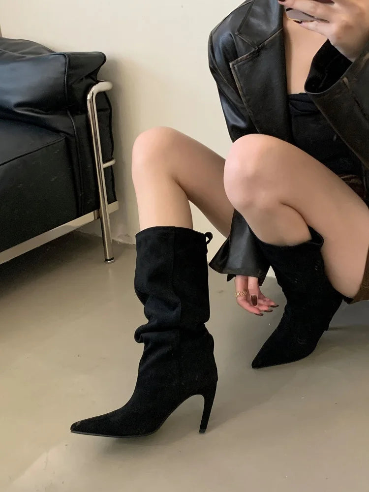 Aneikeh Fashion Winter Pointed Toe Knee-High Women Boots Thin Heels Shoes Female Punk Long Booties Zapatos De Muje