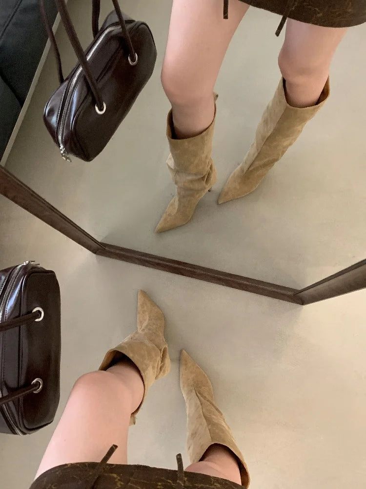 Aneikeh Fashion Winter Pointed Toe Knee-High Women Boots Thin Heels Shoes Female Punk Long Booties Zapatos De Muje