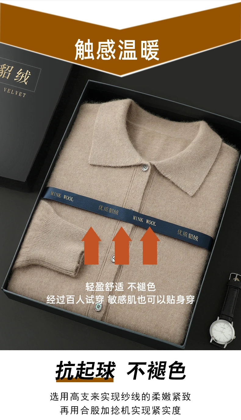 100% Pure Mink Cashmere Sweater Men's POLO Collar Wears Thick Button-Down Lapels And Solid Color Casual Knitted Bottoming Shirt